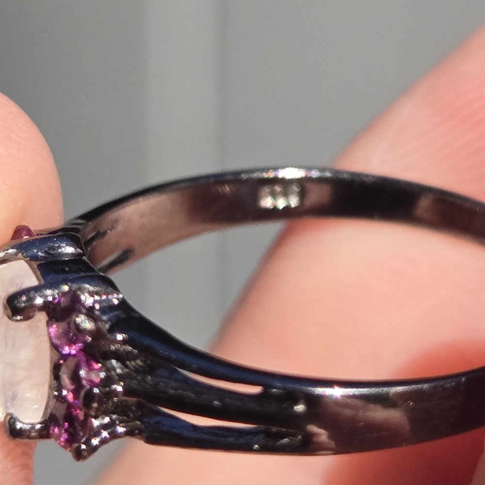 Moonstone 4k & Rhodolite Natural Gemstone Sterling & Rhodium Ring Sz6.5 - Picture 9 of 9